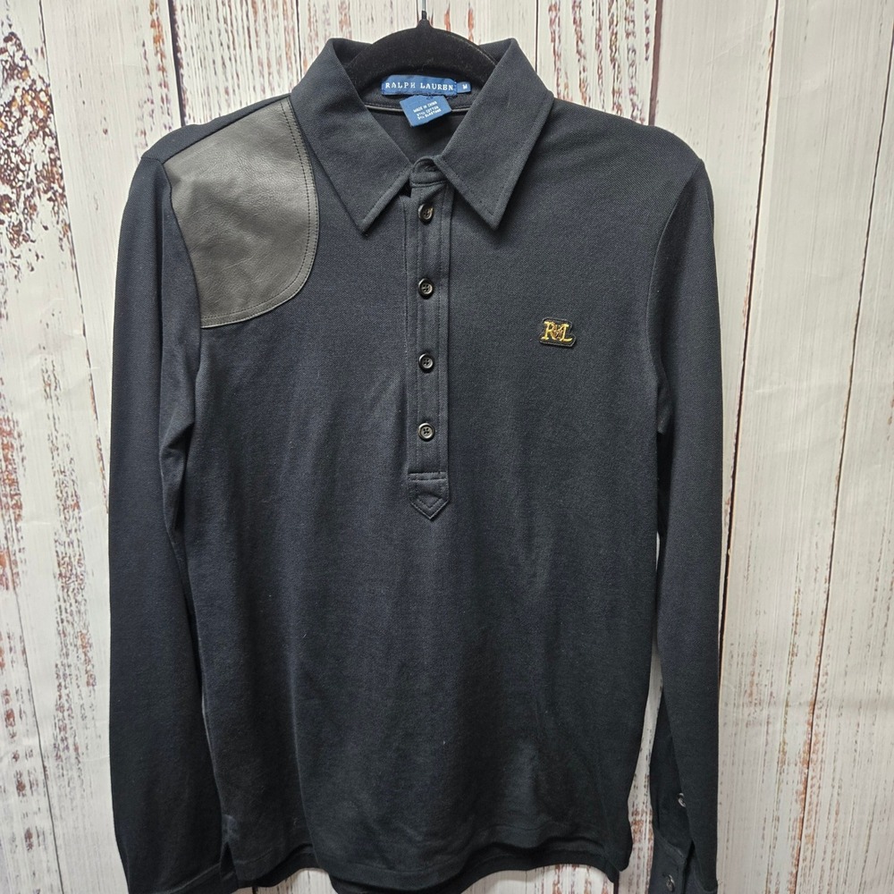 Ralph Lauren Polo Shirt Mens Med Black Long Sleeve faux Leather Shoulder Patch